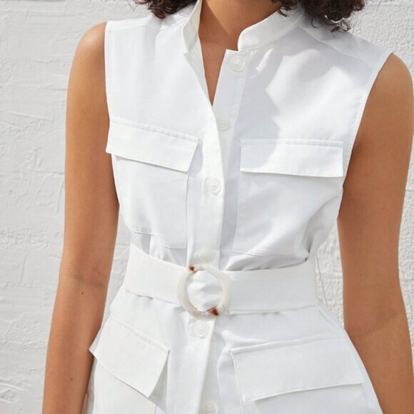 White Casual Women's Flip Pocket Front Sleeveless Top And Shorts Set - Picture 3 of 9